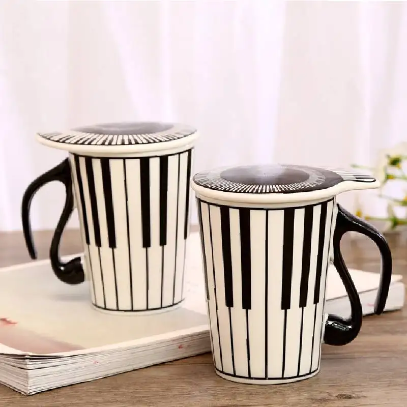 Creative Ceramic Mug with Cup lid Coffee Cup Piano Musical Note Coffee Mugs Tea Cup Porcelain Travel Cup For Milk Mug