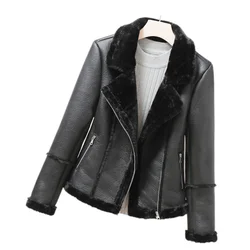 Chaqueta de cuero grueso y cálido para mujer, abrigos de motocicleta de piel sintética con cuello vuelto, chaquetas de cuero negro, prendas de vestir, WF169, invierno, 2023