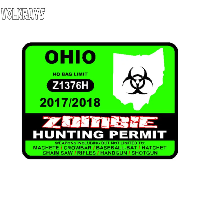 Volkrays Car Sticker Ohio U S Zombie Hunting Permit 2017 Outbreak Response Team Accessories Sunscreen PVC Decal for Gei,8cm*10cm