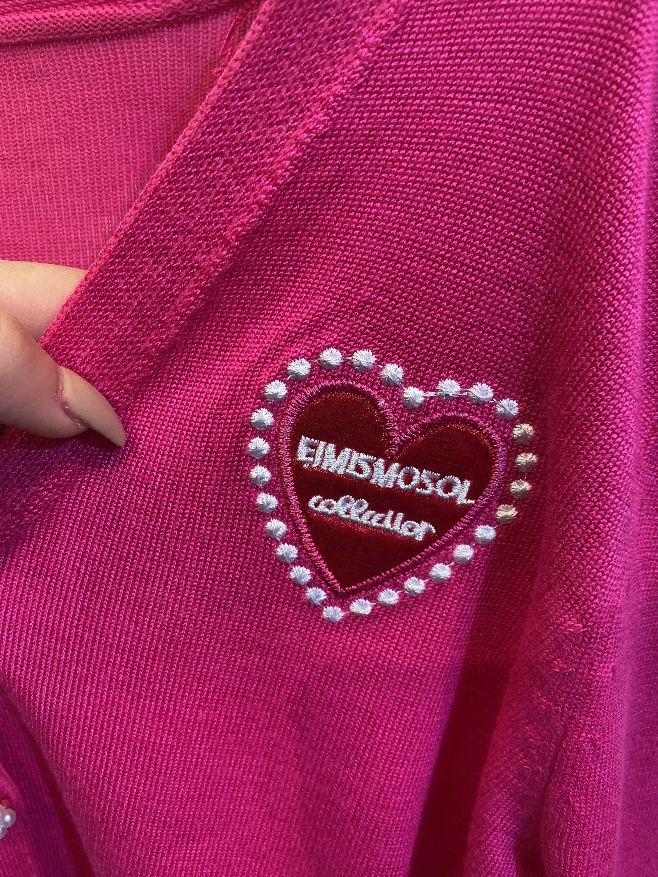 Y2K Original Design Spring Knitted Vintage Cardigan Hot Pink Heart Pearl Crop Top Sweater V-Neck Softgoth Egirl 90s Aesthetic