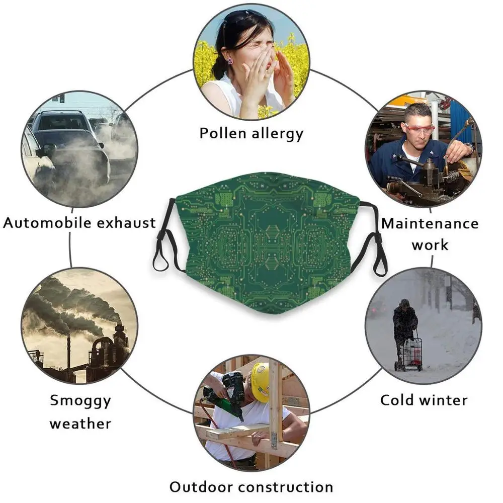 Computer Moederbord Patroon Grappige Print Herbruikbare Pm2.5 Filter Gezichtsmasker Computer Cpu Moederbord Elektronica Circuits Groen