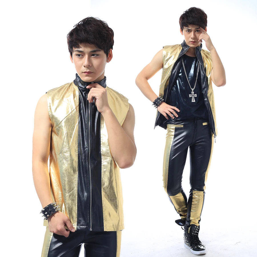 

Personalized Leather Vest Male Bar Nightclub Korean Version Jazz Dance Clothes Men'S Singer Hip Hop Street Dance Wear DWY2718