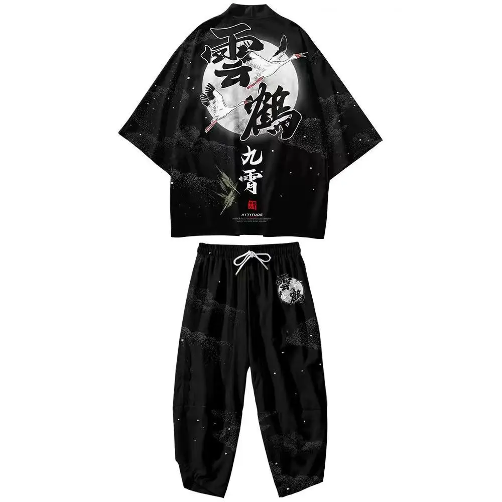 Big Size 5XL 6XL Kimono Cardigan Trousers Suit Men Novelty Print Japanese Samurai Clothing Loose Yukata Chinese Style Streetwear - Image 3