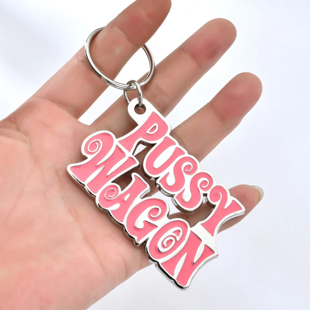 Fashion  Zinc Alloy PUSSY WAGON Keychain Pink Letter Key Chain For Woman Bag Cool Keyring For Man Keyfob Holder Accessories Gift