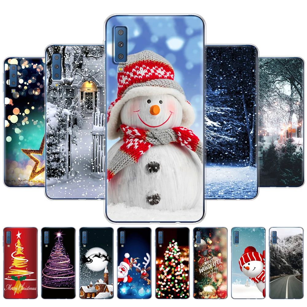 For Samsung Galaxy A7 2018 Case 6.0 Inch Back Phone Cover For Samsung A7 2018 A750 A750F Bag winter christmas snow tree new year