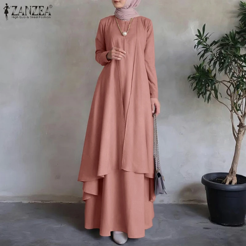 ZANZEA Women Muslim Irregular Maxi Dresses 2023 Spring Autumn Long Sleeve Vestidos Casual Kaftan Loose Long Abaya Sundress Robe