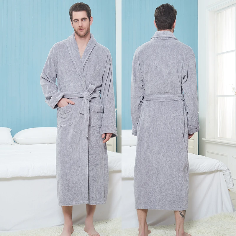 Bathrobe Man Extra Long 100% Cotton Male Thick Towel Fleece Dressing Gown Men\'s Bathrobe Winter Robe Plus Size XXL Robe Pajamas