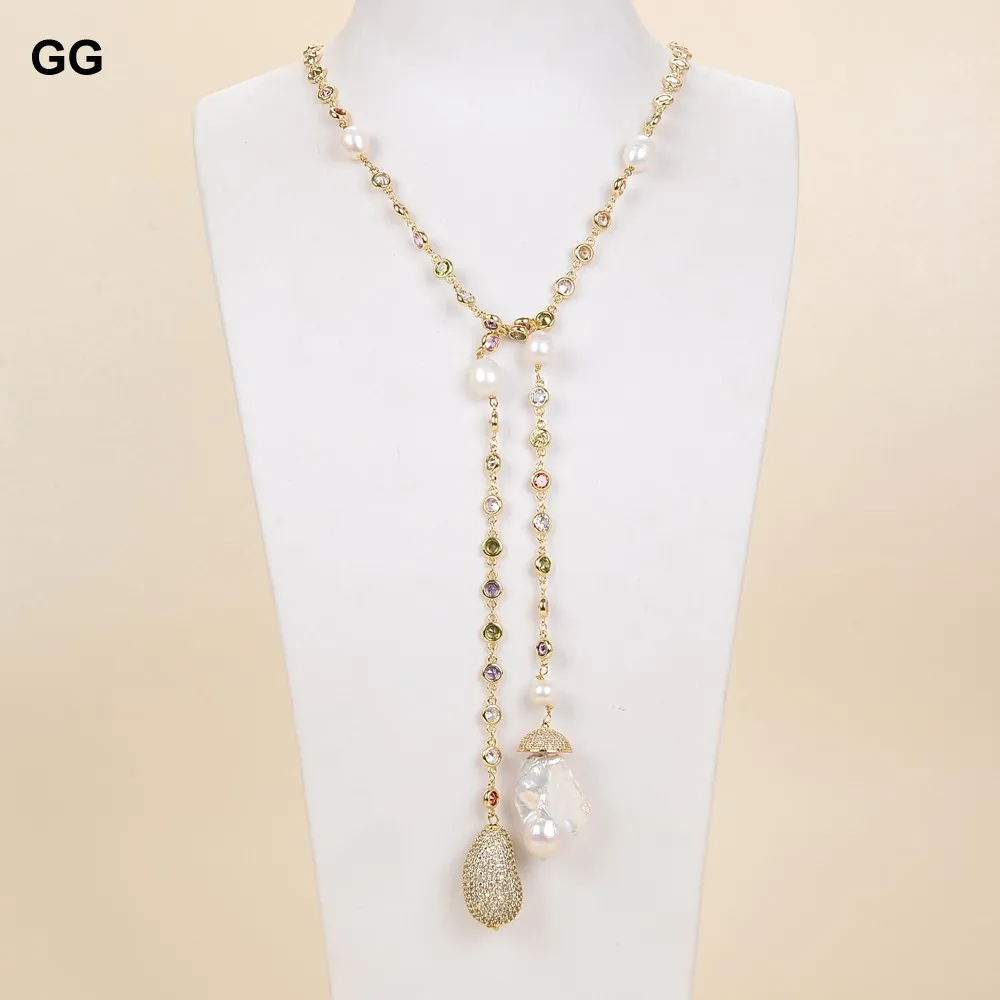 

GuaiGuai Jewelry 49" White Keshi Pearl multi color Cz Pave Gold Color Plated Chain Long Necklace