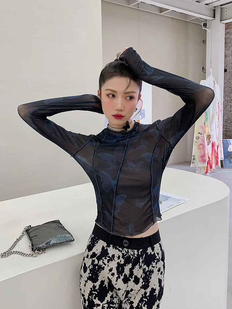 CHEERART Butterfly Print Mesh Top Long Sleeve Tees Patchwork Bodycon Tshirt Black See Through Crop Top Fashion T Shirt Women