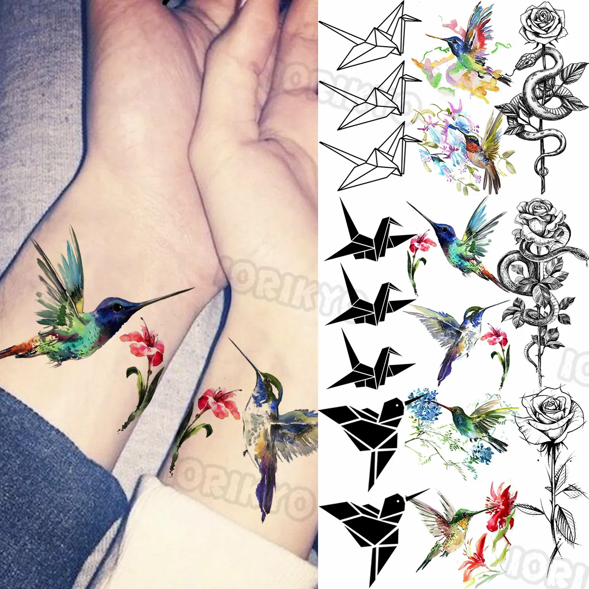 Colorful Hummingbird Small Temporary Tattoos For Women Girs Snake Rose Flower Flamingo Fake Tattoo Sticker Forearm Tatoos Body