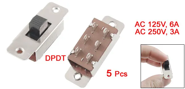 UXCELL 5Pcs AC 6A/125V 3A/250V On/Off/On 3 Position 6 Pins DPDT 2P2T Pcb Panel Slide Switch for Audio Video