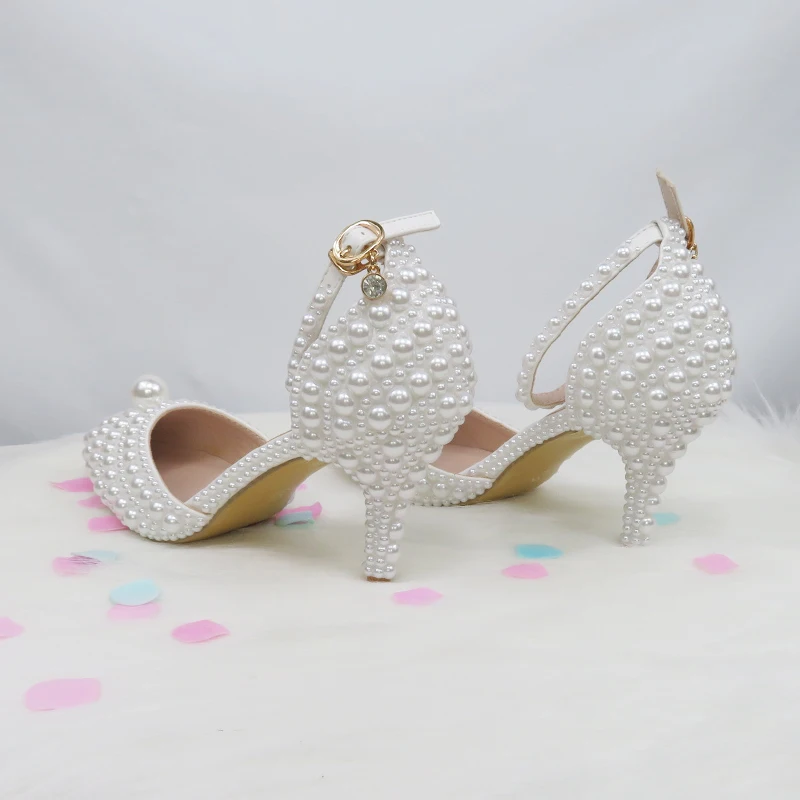 BaoYaFang White Beads Big Pearl wedding shoes Bride Pointed Toe party dress High heels shoes and bag set Thin Heel Ankle Strap