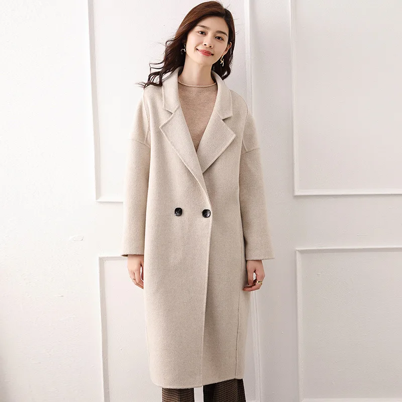 

2021 Autumn Winter 100% Wool Double-Sided Woolen Coat Notched Collar Single Button Solid Color Overcoats Elegant Slim Midi Coats