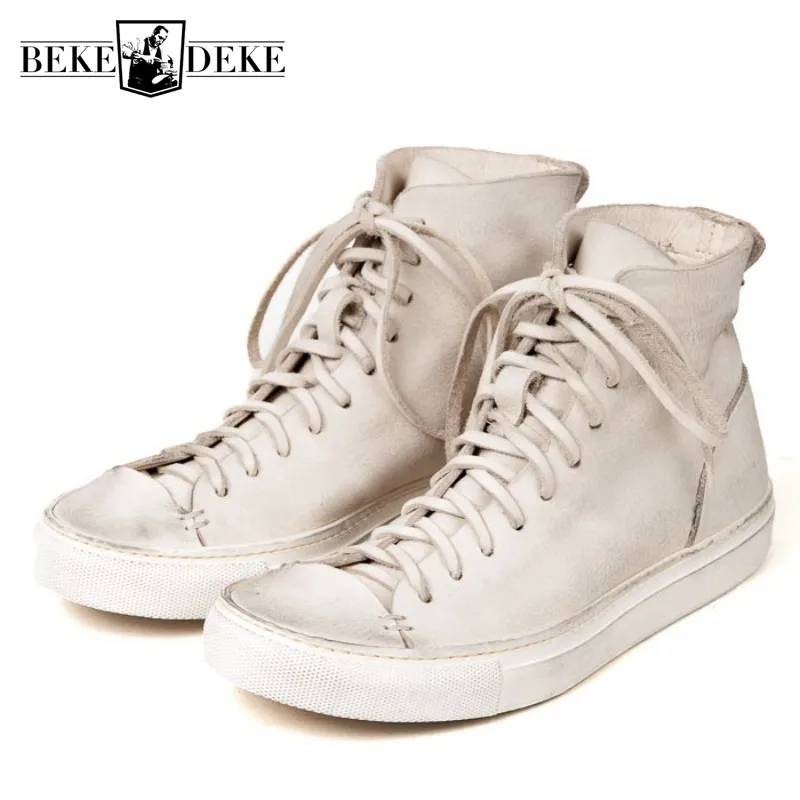 Genuine Leather Cowhide Washed Vintage Men High-Top Shoes Lace Up Platform White Sneakers Handmade Luxury Work Casual Shoes