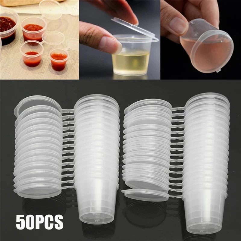 50pcs Disposable Sauce Containers Package Box&Lid Clear Portable Plastic Takeaway Sauce Cup Containers Food Box With Hinged Lids