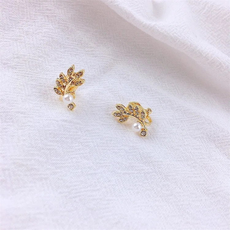 GRACE JUN Korean Style Leaf Clip on Earrings for Women Girl High Quality Rhinestone Pearl Gold Color Fake Piercing Cuff Earrings