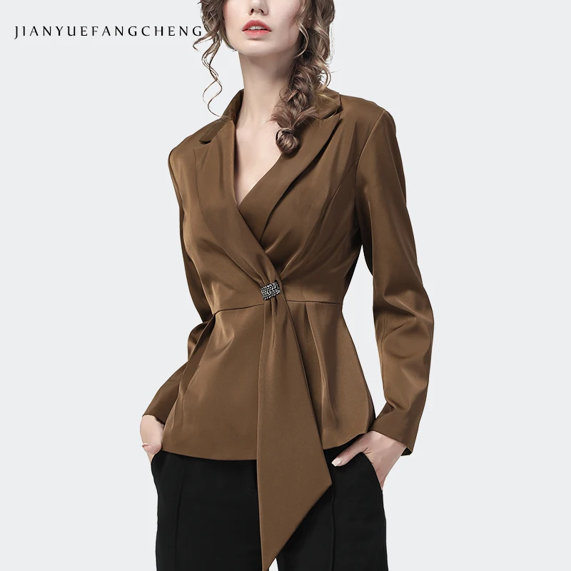 Fashion Suit Collar Flowy Womens Brown Satin Shirt Long Sleeve Outwear Ribbon Design Single Button Tunic Top Autumn New Blouses