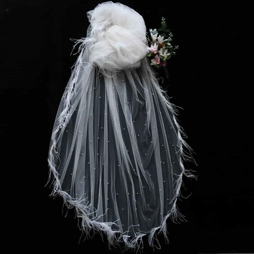 JaneVini 2020 Elegant Cathedral Long Wedding Veils with Comb One Layer Pearls Tulle Bridal Veil Feather Wedding Hair Accessories