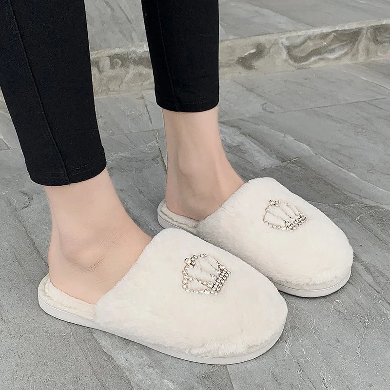 COOTELILI Winter Fashion Women Home Slippers Faux Fur Warm Shoes Woman Slip on Flats Female Fur 1.5cm Heel Plus Size 36-41