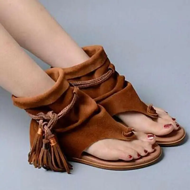 Retro Fringe Ankle Strap Hollow Open Toe Sandals Women Fashion Flat Soild Lace Up Ladies Casual Summer Shoes Pleated Flip Flop