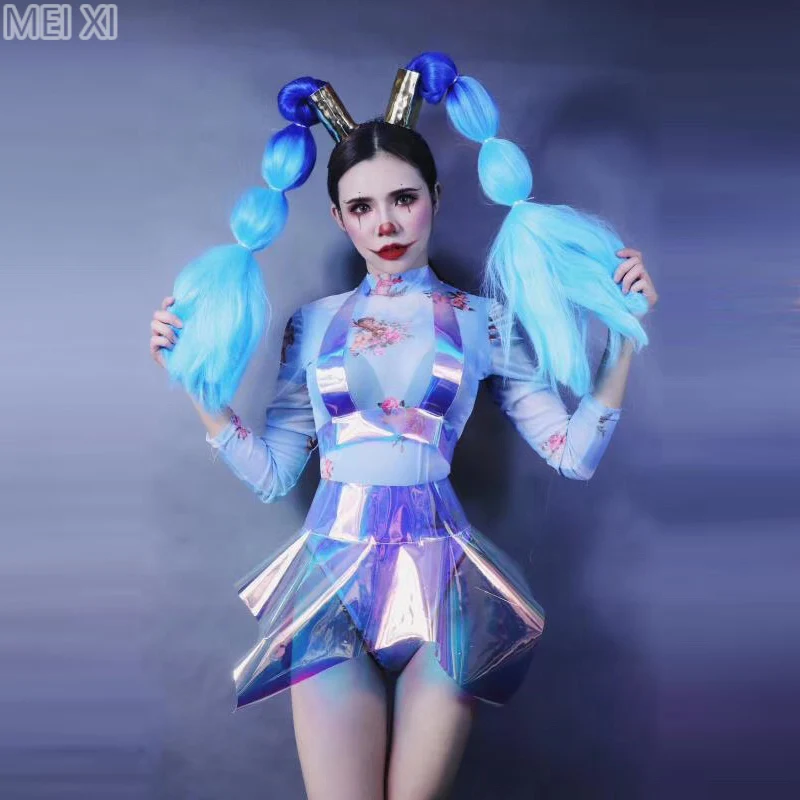 

Unique dazzle blue mesh jumpsuit stage performance costume bar concert DJ singer/dancer costume