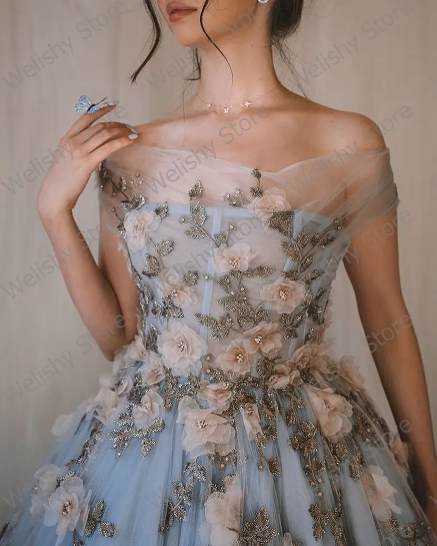 Garden Light Gray Blue 3D Floral Appliques Tulle Dresses Women Off Shoulder A-Line Draped Long Evening Prom-Gown Custom Made