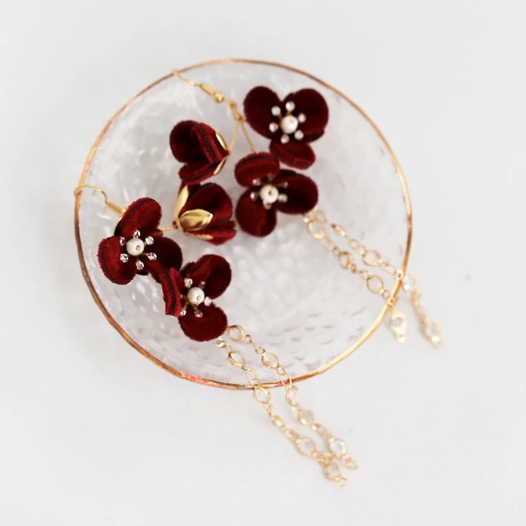 Handmade Burgundy Flower Bridal Drop Earrings Wedding Accessories Pearls Crystal Women Earring Jewelry