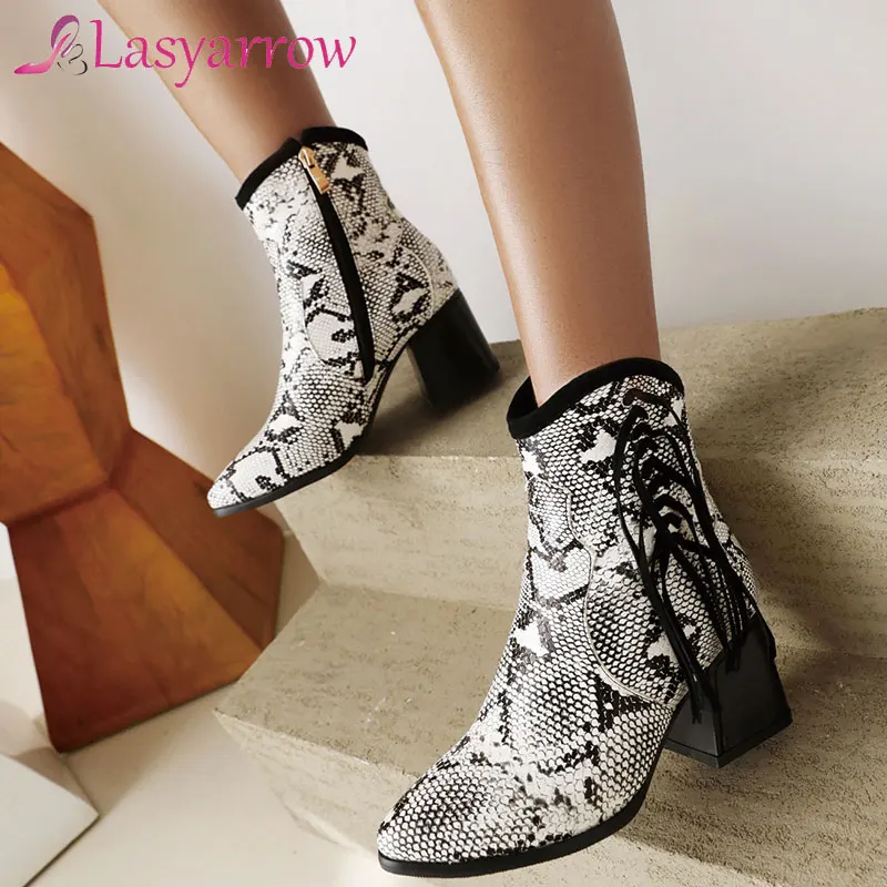 Lasyarrow Sexy Ankle Cowboy Boots For Women Shoes Fashion Snake Red White Boots Women High Heel Short Boot Autumn Large Size 43