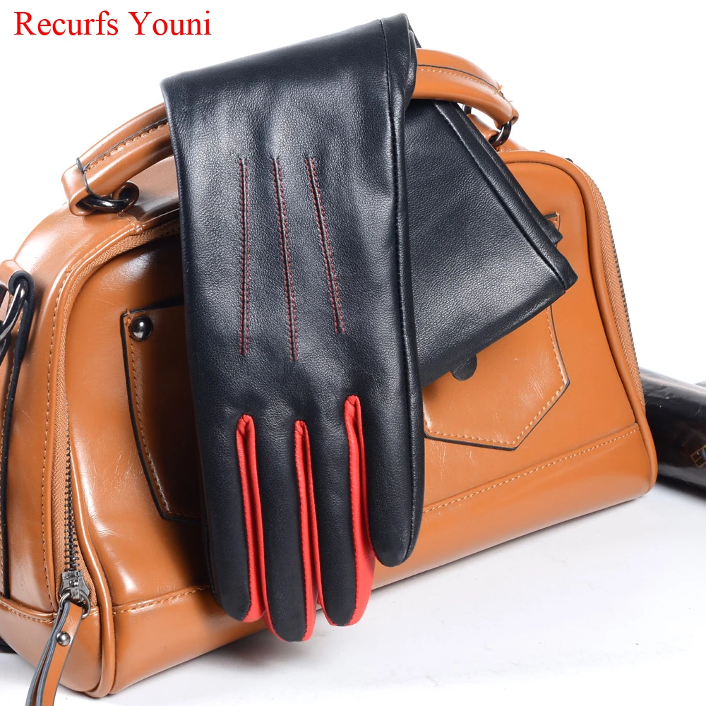 Long Gloves Women European/American Fashion Genuine Leather Thin Contrast Color Lambskin Mittens Female Lined Two Tone Luvas