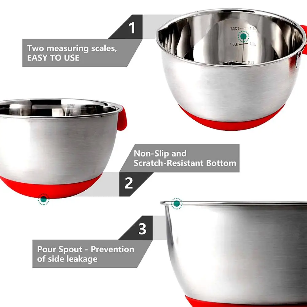 Silicone Handle Stainless Steel Non-slip Scale Mixing Bowl Kitchen Salad Bowls Set For Cooking Baking Egg Mixer Food Storage