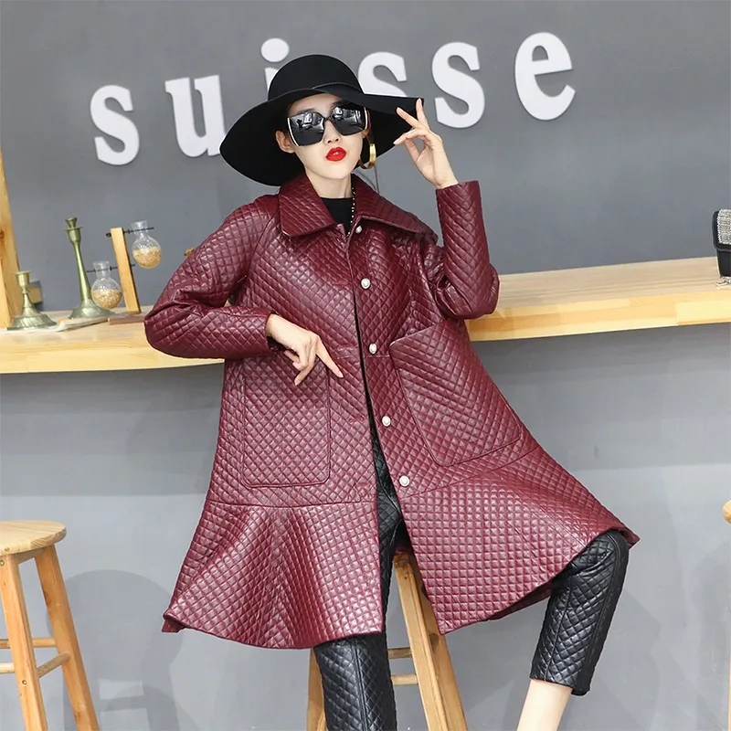 Women Real Sheepskin Long Coat Sweet Ruffle Solid Color Loose A-Line Plaid Jacket Genuine Leather Windbreakers OL Elegant Jacket