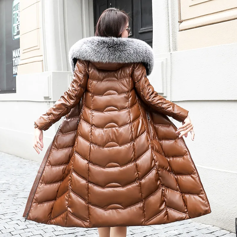 High Quality Sheep Leather Down Coat Winter Big Fox Fur Collar Hooded Jacket 2023 New Female Plus Size Thicken Warm X-Long Coat