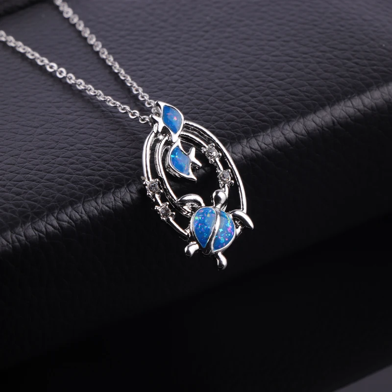 Fashion Animal Jewelry Necklace Female Blue Two Small Fish And Turtle Pendant Necklaces Anniversary Birthday Gift For Lover Wife