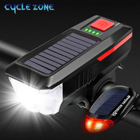 Cycling Bicycle Front Light With Horn Solar USB Charging 3 Modes T6 LED Flashlight Bicycle Accessories Night Riding Headlight