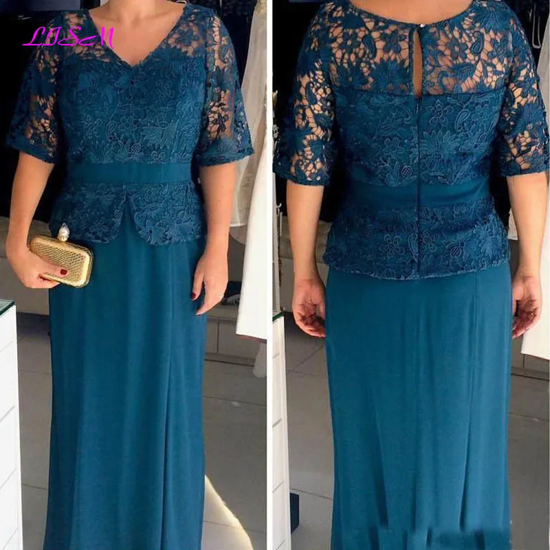 Modest Chiffon Mother Of The Bride Dresses Plus Size Lace Half Sleeve V-Neck Mother Gowns for Bride Wedding Guest Dress