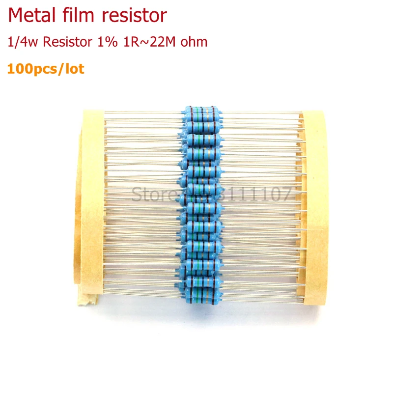 

100PCS/LOT 1/4W 1R~22M 1% Metal film resistor 100R 220R 1K 1.5K 2.2K 4.7K 10K 22K 47K 100K 100 220 1K5 2K2 4K7 ohm Resistance