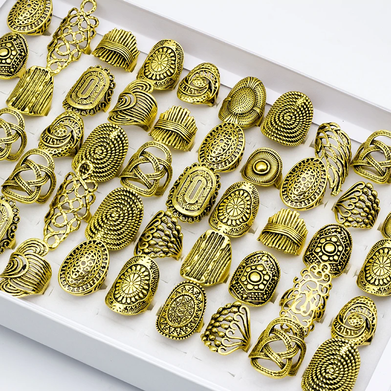 20 Pcs/Lot Gold Color Mix Style Vintage Carved Flower Rings For Women Wholesale Party Jewelry Gift