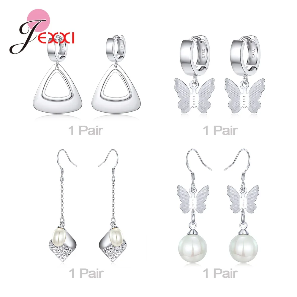 Genuine 925 Sterling Silver Needle Earrings For Women Multiple Style Hoop Earrings For Girls Fashion Jewelry Set 4 Pairs/Lot