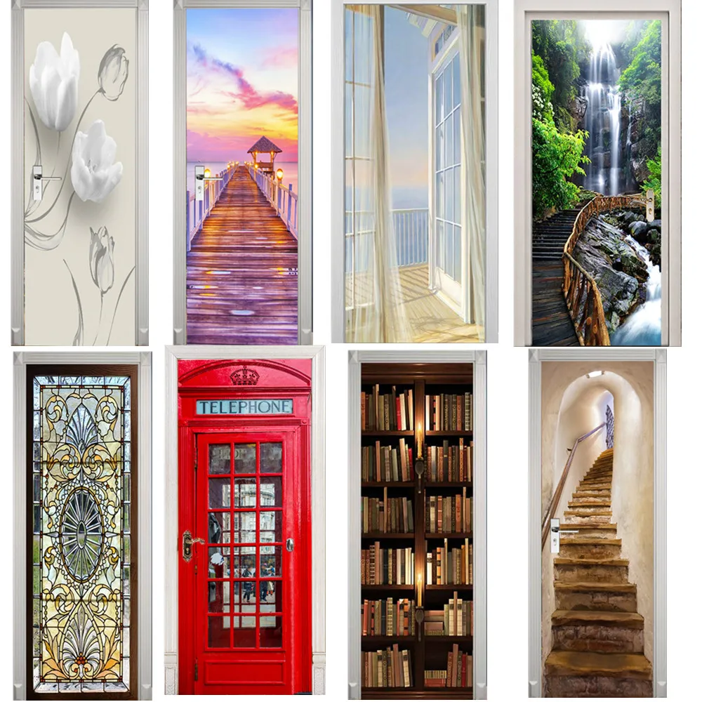 Fashion 3D Door Stickers Bookcase Mural Wallpaper Self Adhesive Wall Decal PVC Art Living Room Poster DoorPoster deursticker