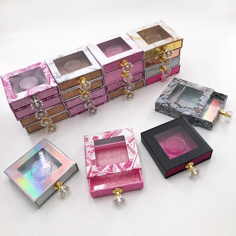 Wholesale Eyelash Packaging Box Crystal Handle Square Lash Boxes for 25mm Mink False Eyelashes Empty Money Marble Lashes Box