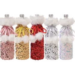 Christmas Wine Bottle Covers Bag Holiday Sequin Pompom Champagne Bottle Cover Red Merry Christmas Table Decorations For Home