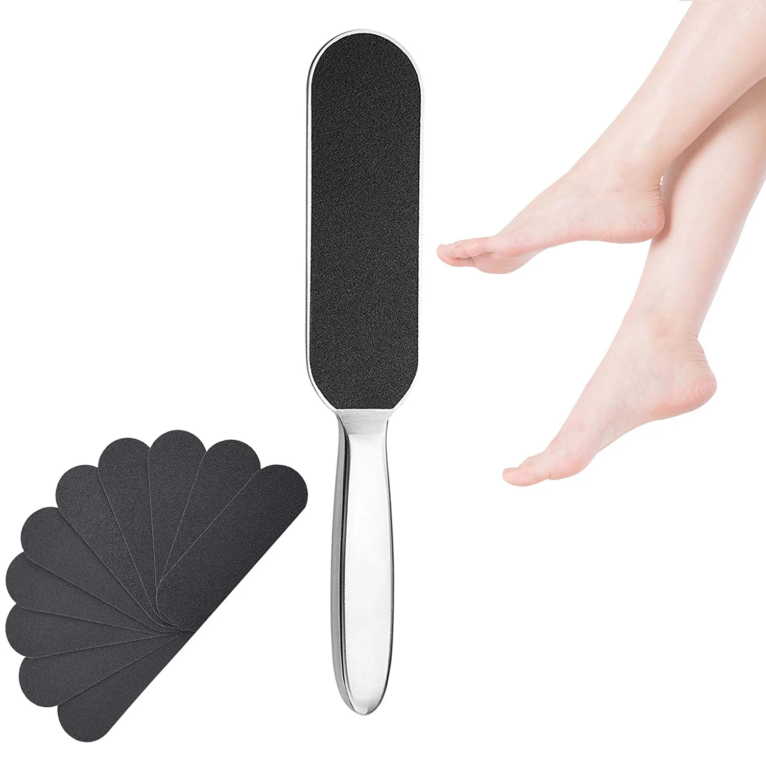 11pcs/Set Pedicure Feet Care Metal Handle Foot and Coarse of Fine and Refill Files Grit Sanding Grit Cloth Rasp