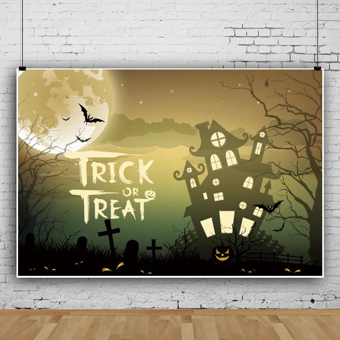 Laeacco Trick or Treat Cartoon Castle Halloween Dark Night Forest Moon Poster Backdrops Child Baby Photography Photo Background