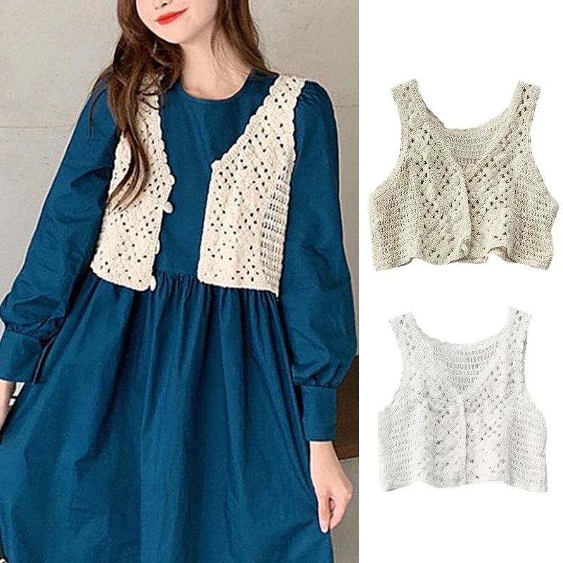 Women Crochet Knit Sleeveless Crop Top Vest Floral Lace V-Neck Button Down Waistcoat Slim Mini Cardigan Sweater Jacket