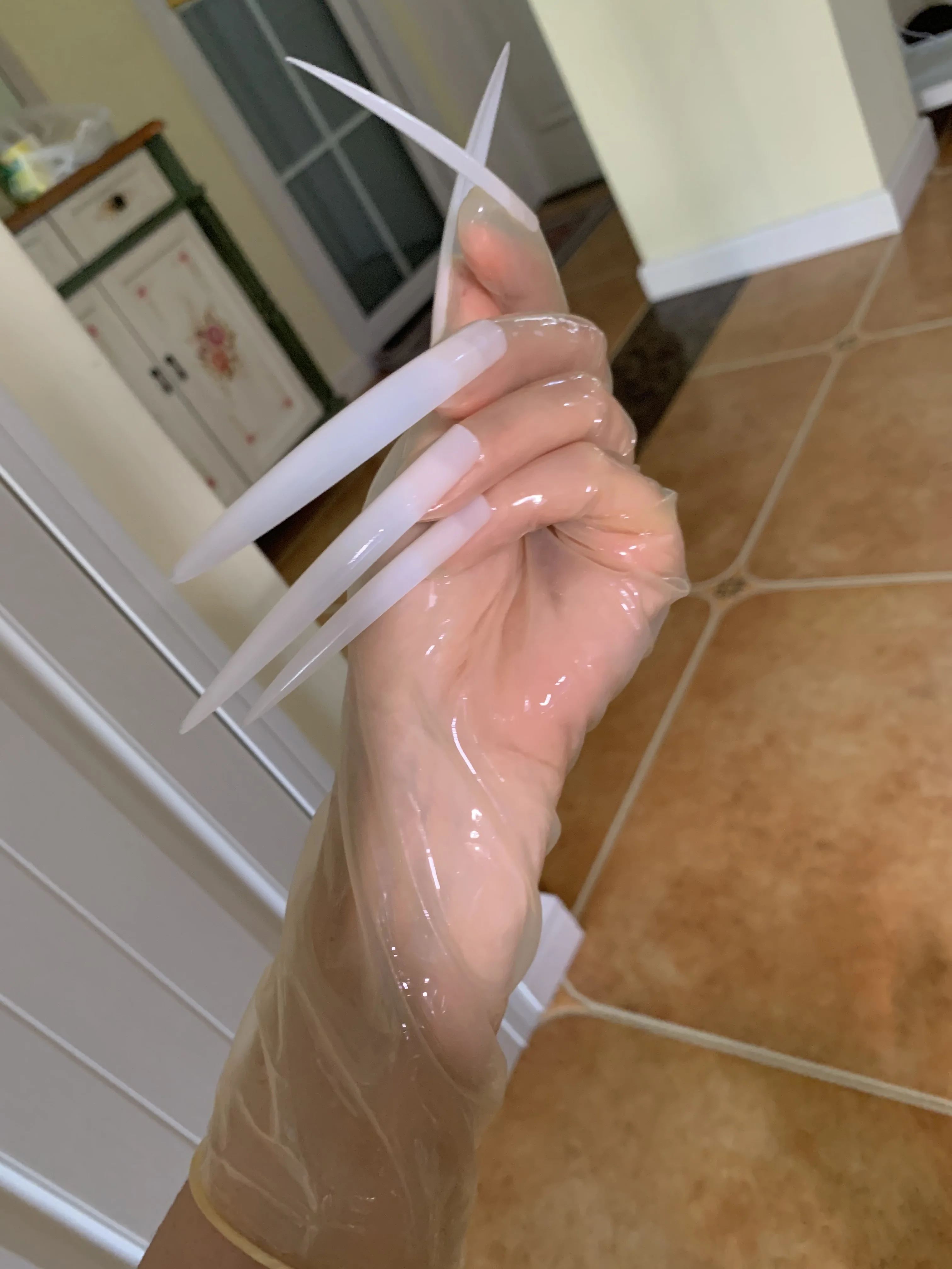 Crossdress Drag Queen aceite brillante transparente superfino látex Cosplay Super largo uñas afiladas fetiche transparente Cosplay guantes Kigurumi