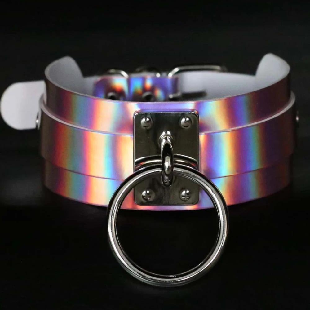 Personality punk exaggerated laser glowing neck big O round metal BDSM slave-sex slave collar choker