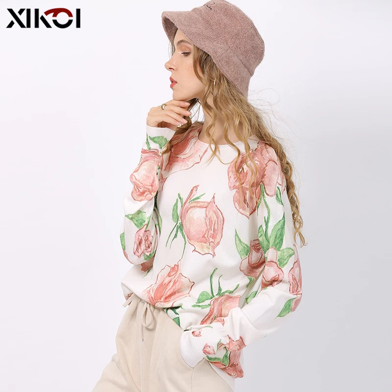 XIKOI Romantic Rose Print Knitted Sweater For Women Winter Warm Long Sleeves Pullovers Oversized White Swetaer New Jumper Tops