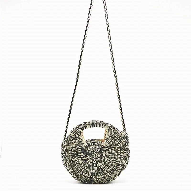 Textured Round Straw Bag Beach Boho French Market Strawbag Women Weave Shoulder Bag Round Summer Beach Purse And Handbags