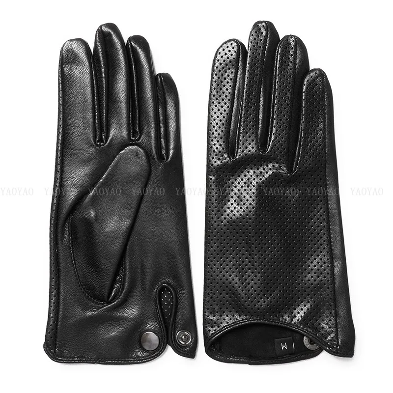 

Novelty Women Genuine Leather Gloves Femme Pure Goatskin Thin Mitten Mujer Punch Locomotive Riding/Griving Luva Punk Eldiven