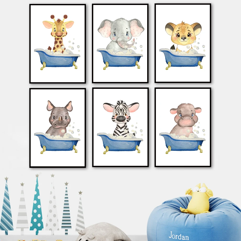Lion elephant zebra tiger hippo Bath Nursery Wall Art Canvas Painting Posters And Prints Wall Pictures Kids room bathroom Decor